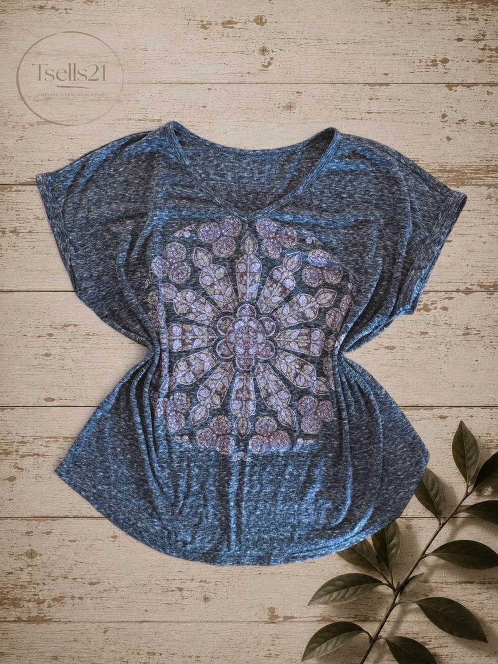 Style & Co. Gray Mandala Graphic Tee / Dolman Sleeve Top - Size L/XL